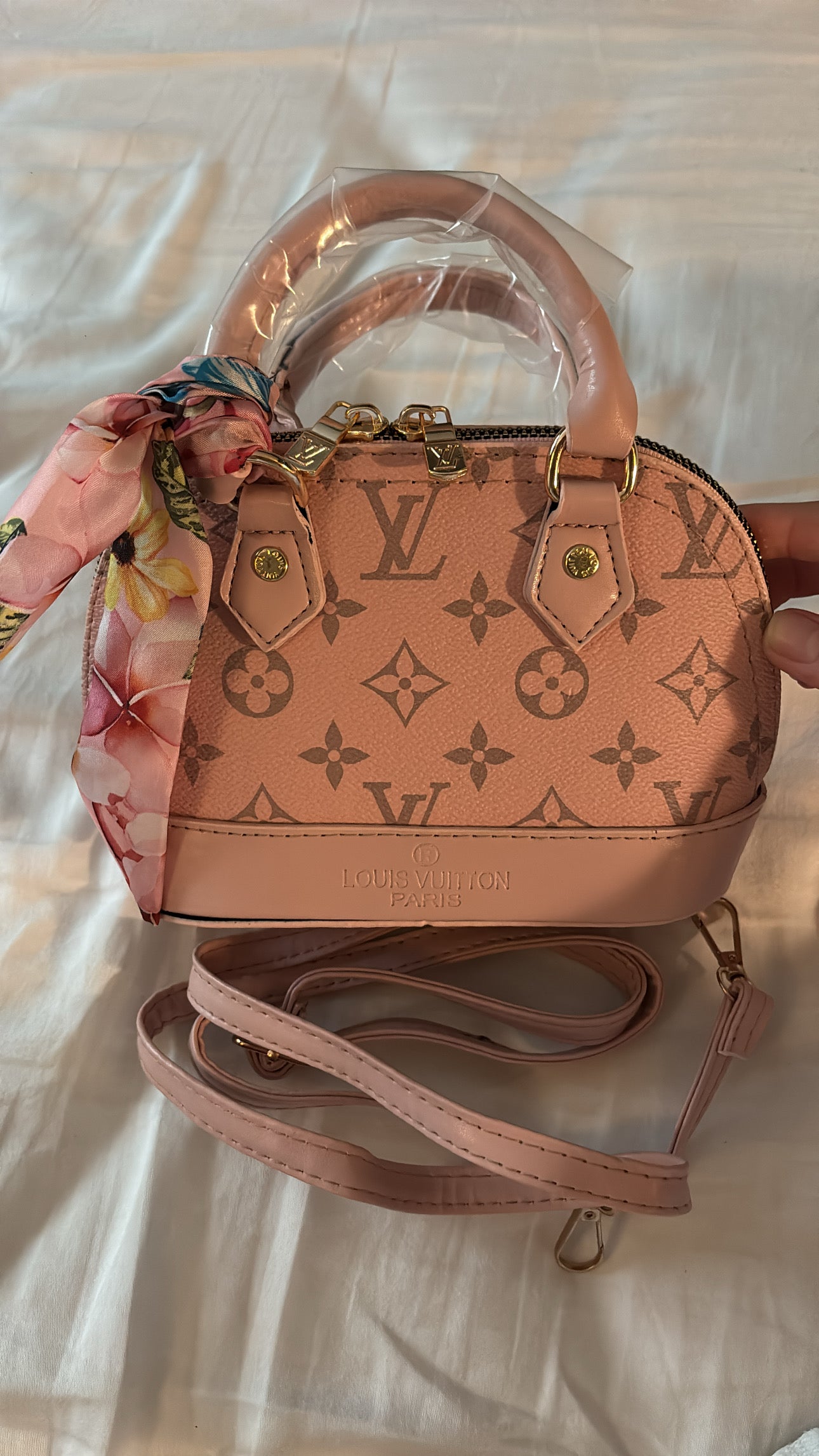 Pink mini handbag with longs strap and scarf -Rg