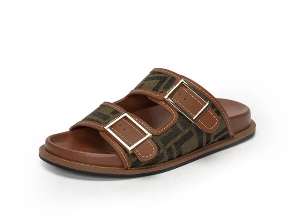 Khaki and Tan F Sandals