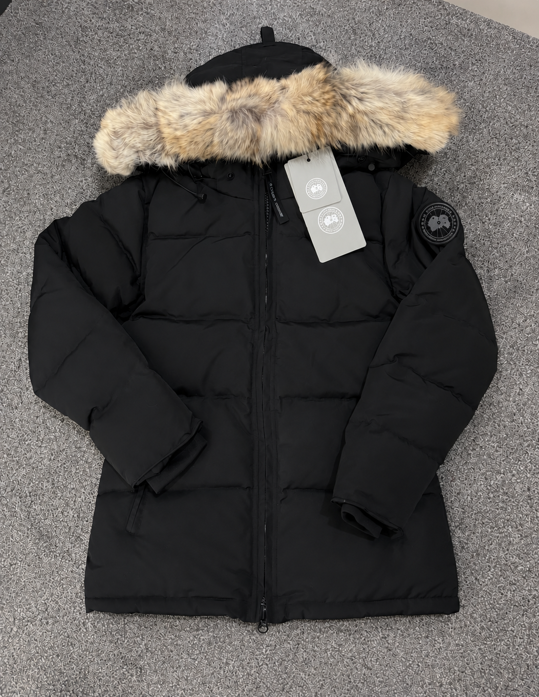 Black Canada coat with black badge size XS 6/8 uk sintch waist and natural fur -Rg