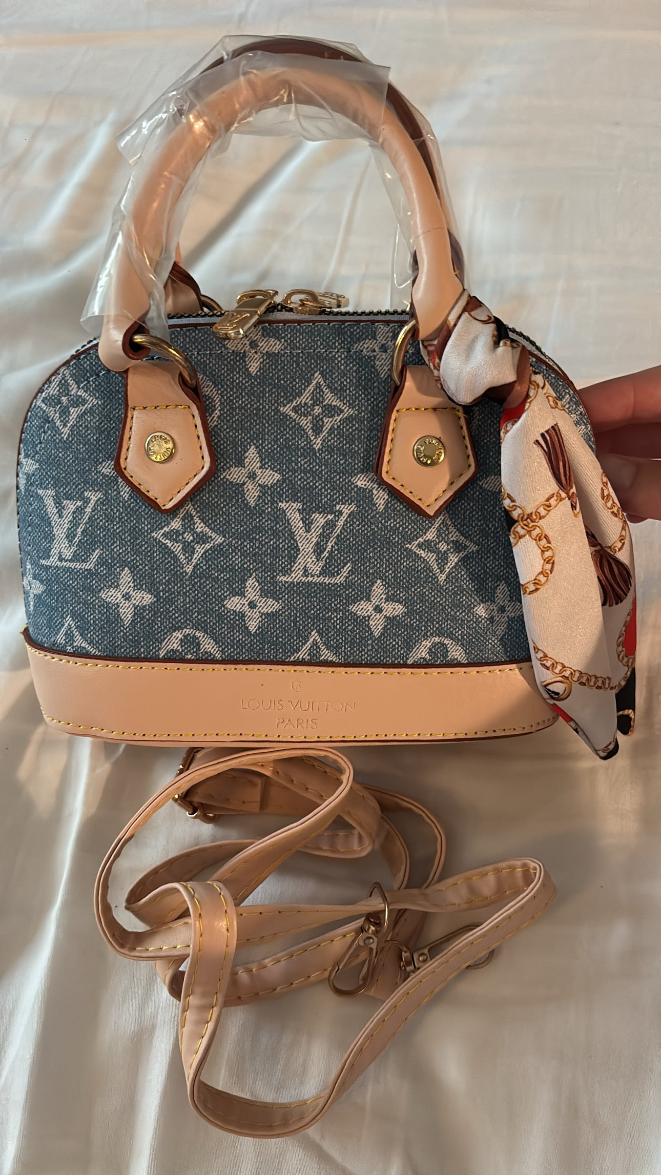 Denim mini handbag with scarf and long strap -Rg