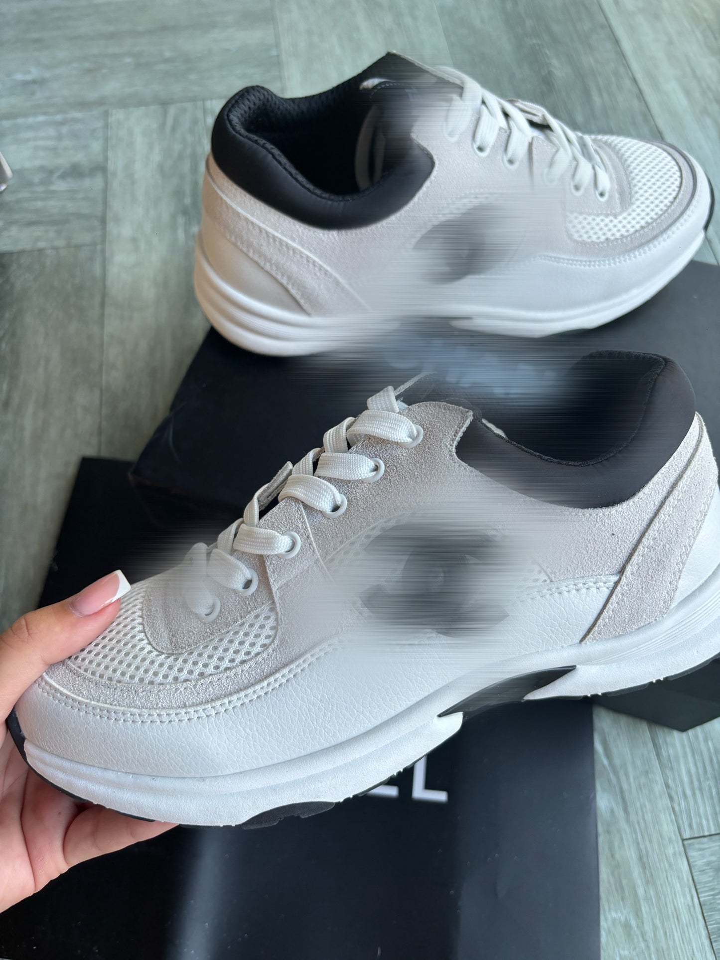Beige and black trainers comes with box - RG