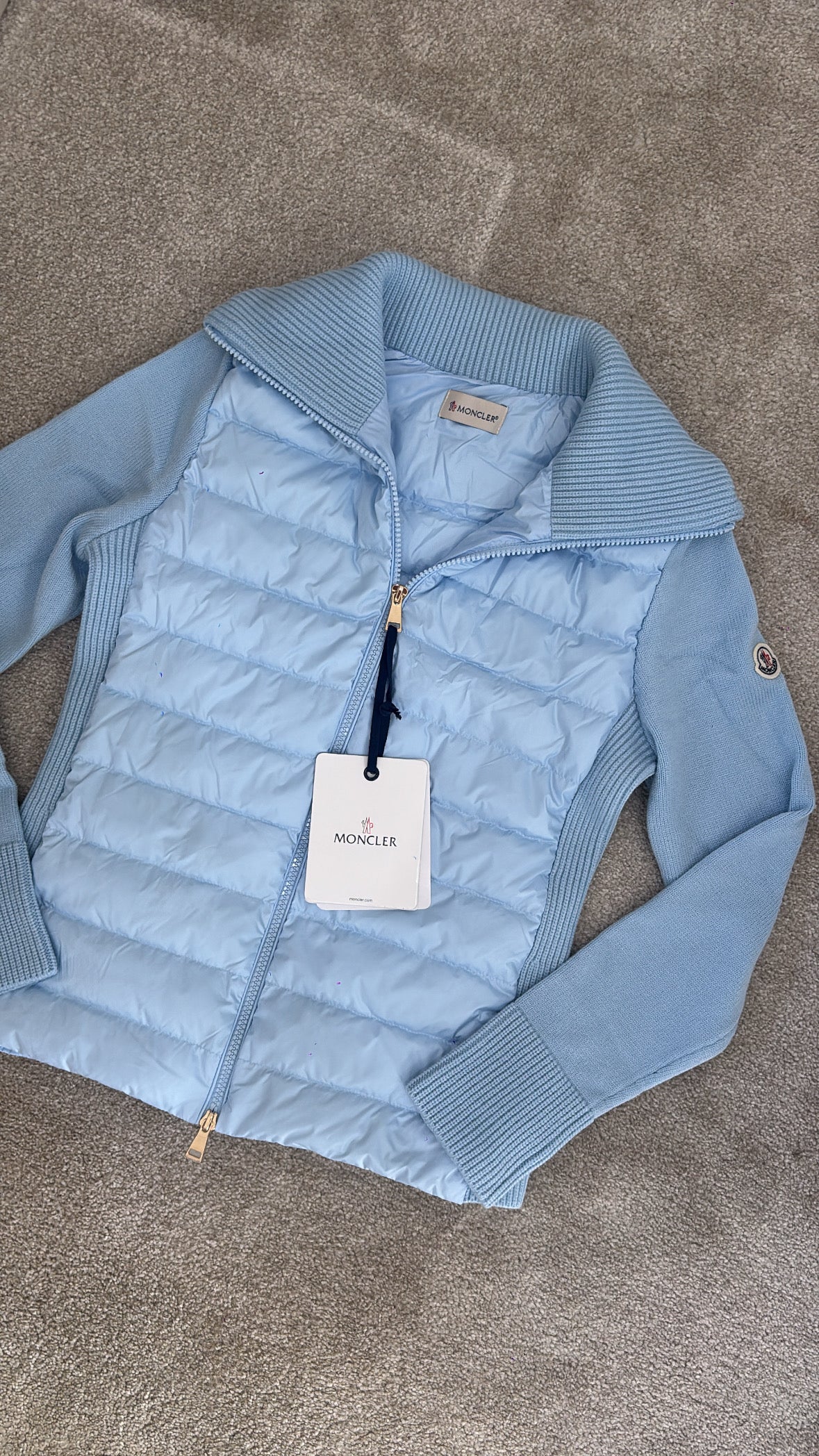 Baby blue and gold zip knit bodywarmer jacket size XS/S