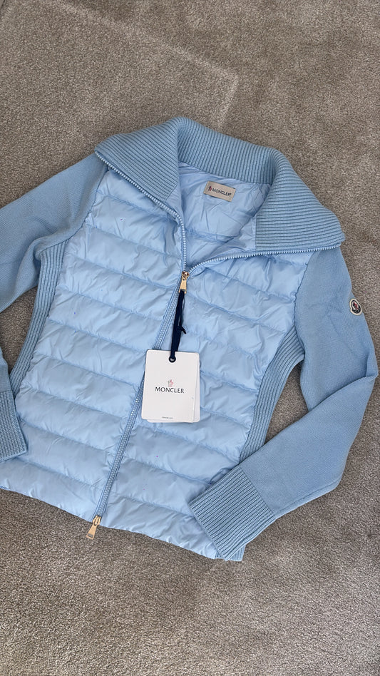 Baby blue and gold zip knit bodywarmer jacket size XS/S