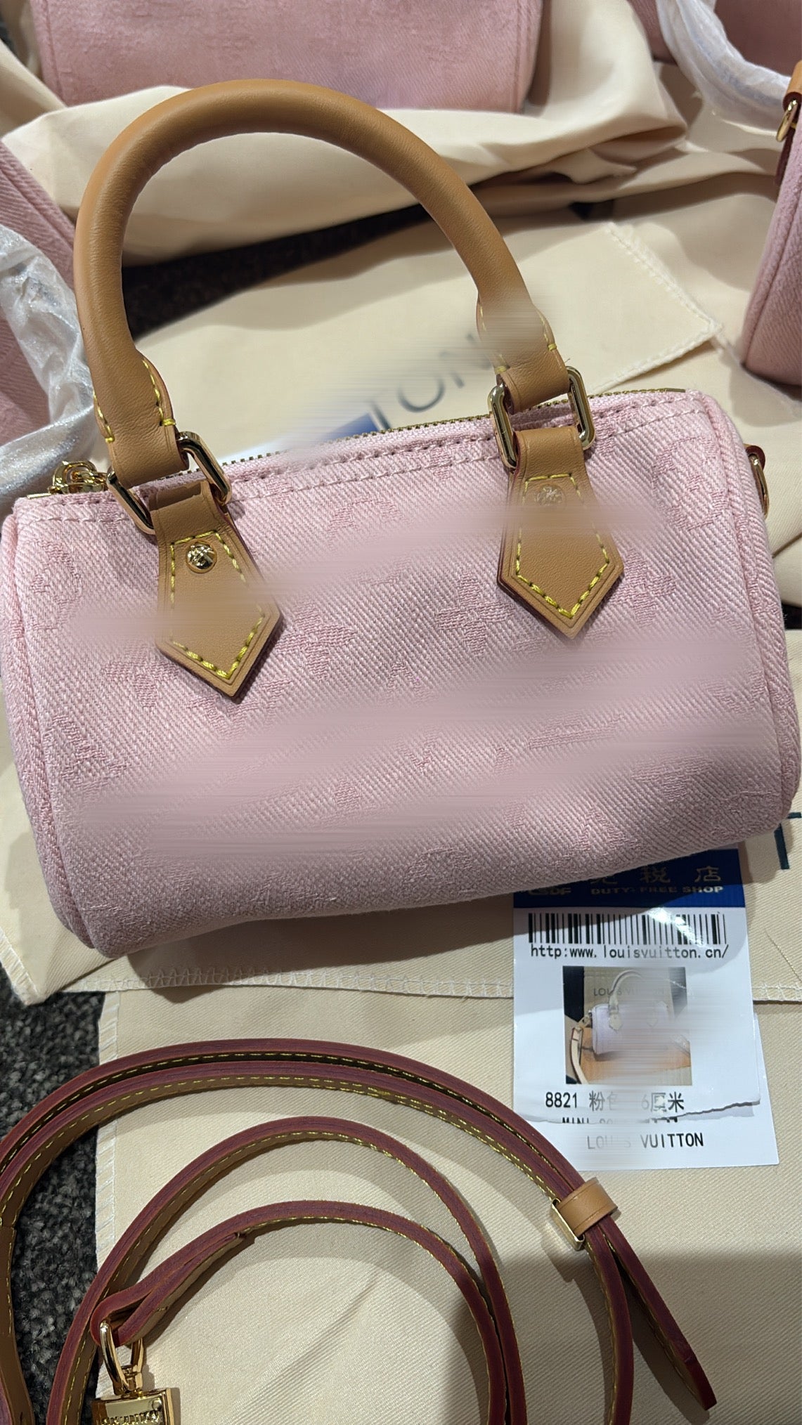 Pink denim mini handbag with long strap -Rg