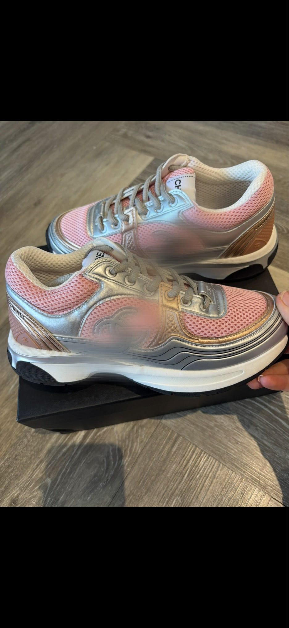 Pink and silver trainers c size 5 comes with box