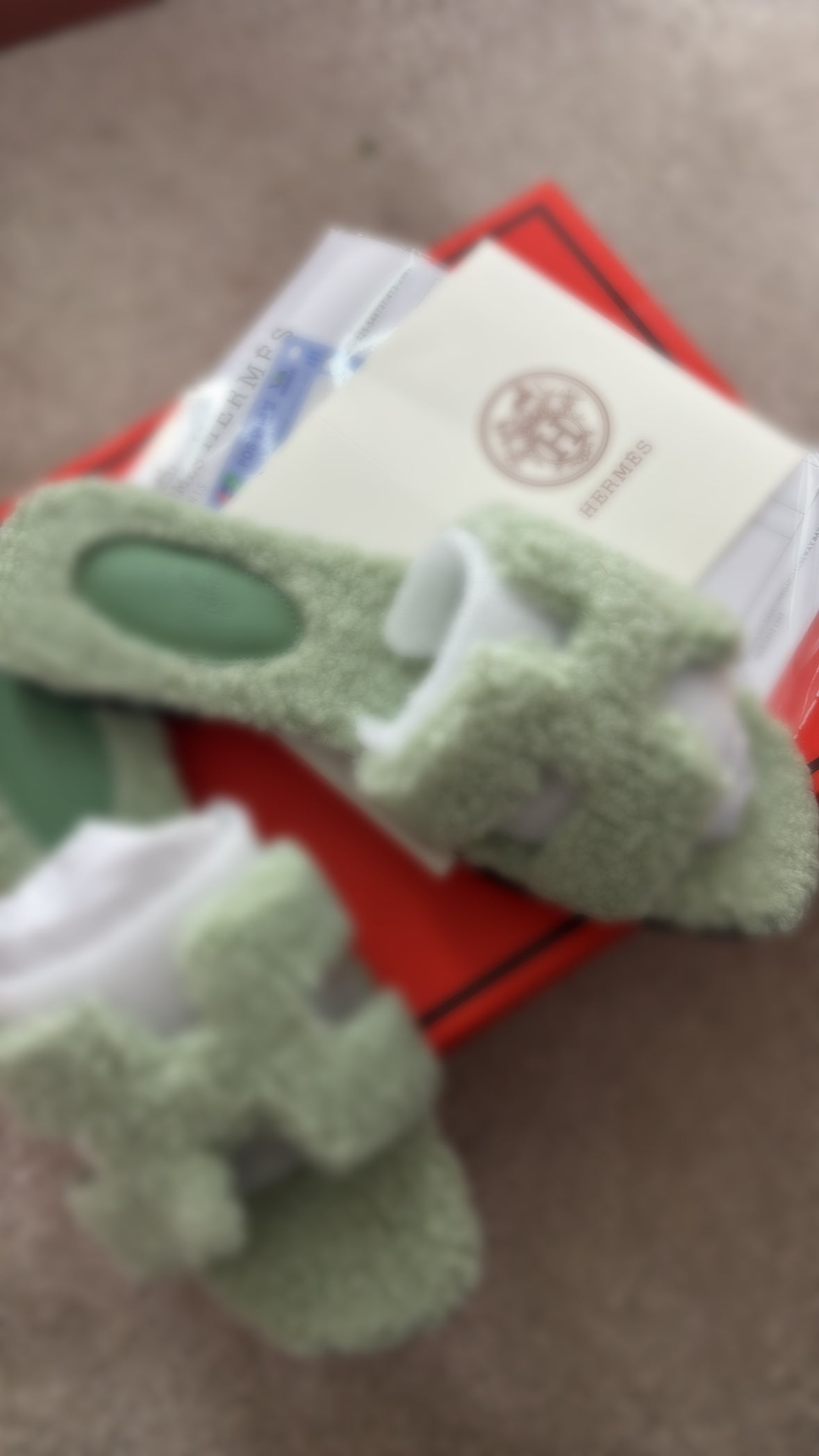 Sage green fluffy sliders size 5