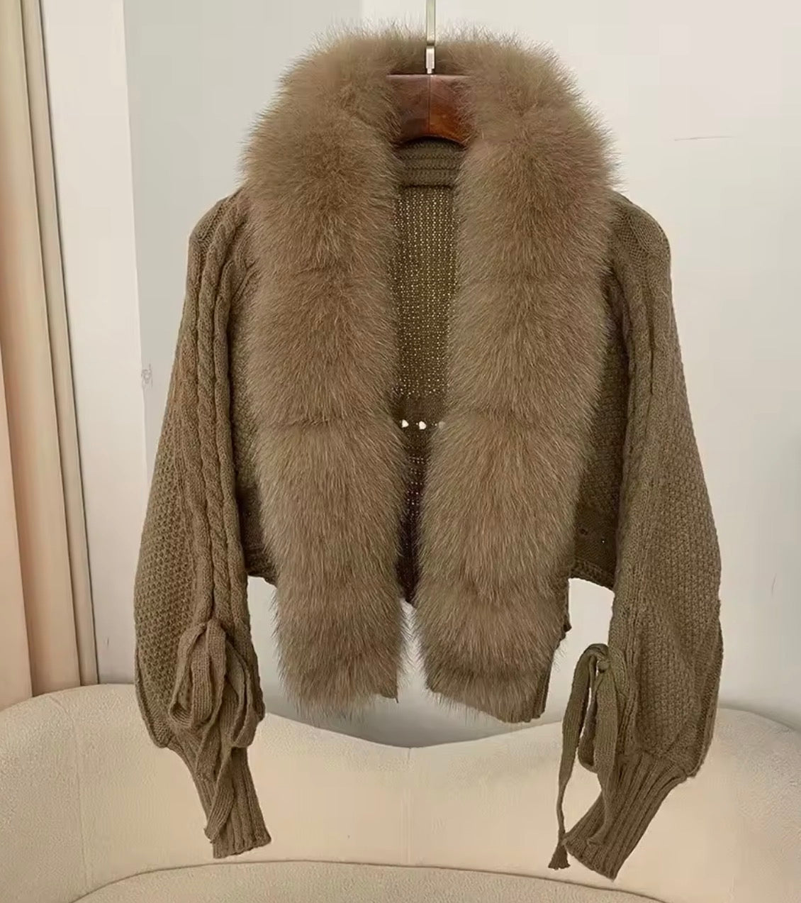Khaki natural fur cardigan - one size 6-14 ladies - Ag