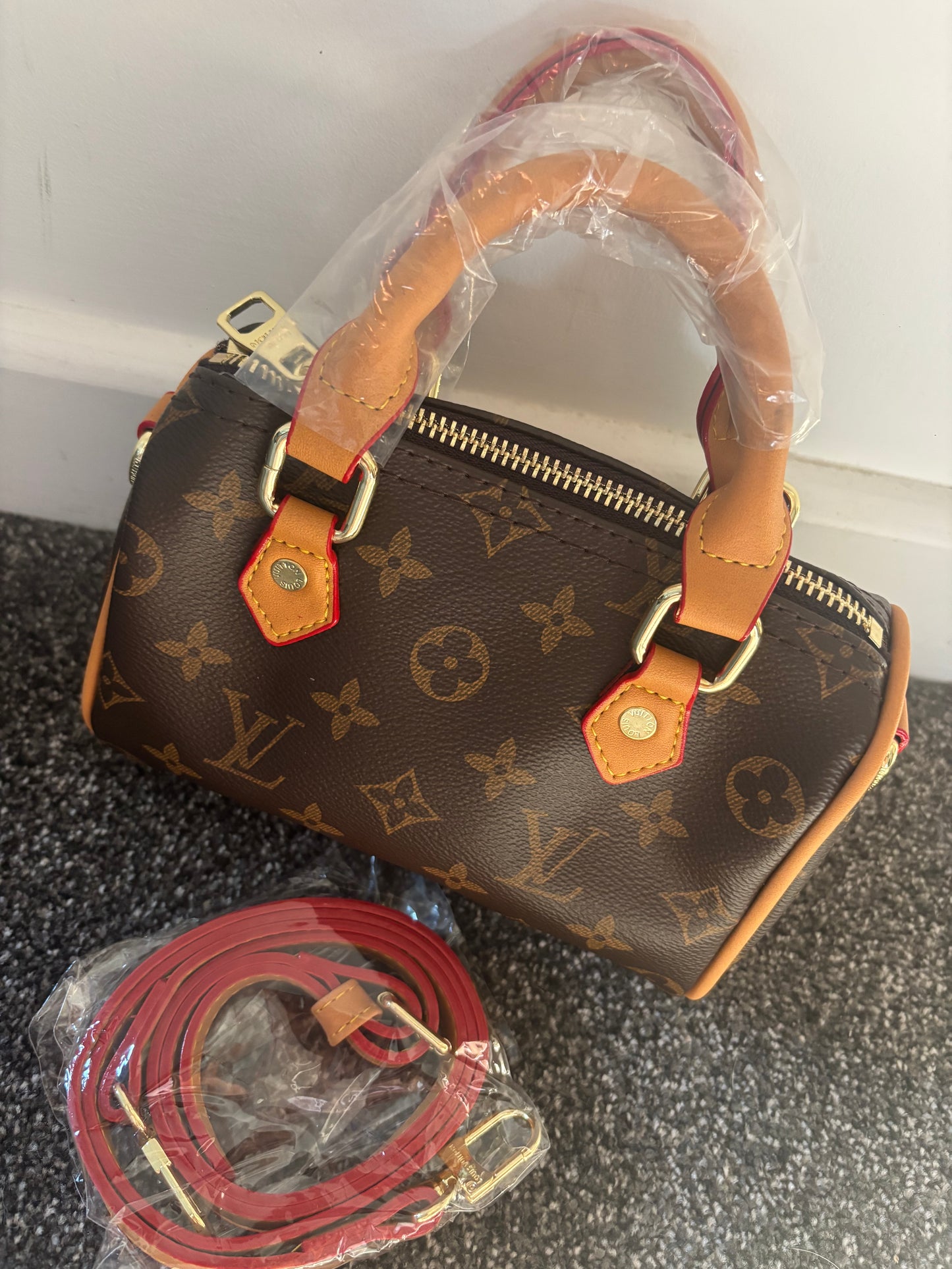 Brown flower mini handbag size 16cm | comes with long strap -Rg