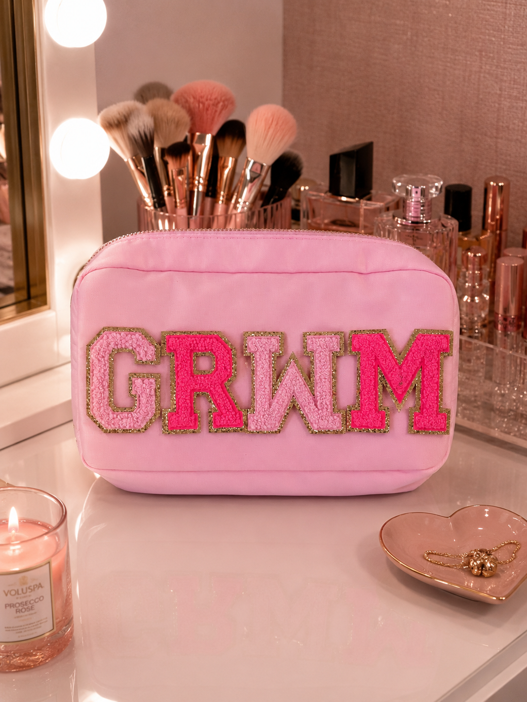 Pink small bag with letters on GRWM -Rg