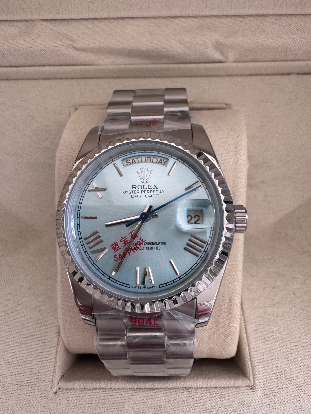 Silver automatic watch with blue face - 36mm with box