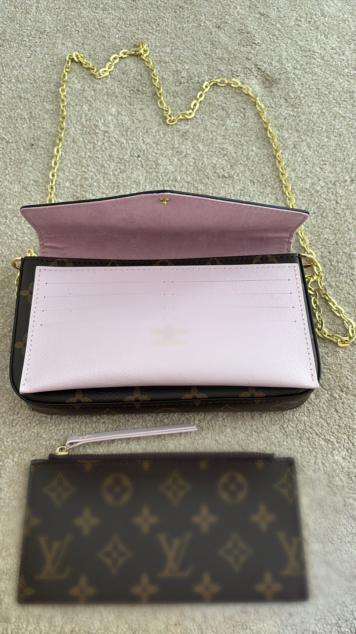 Brown and baby pink interior crossover bag