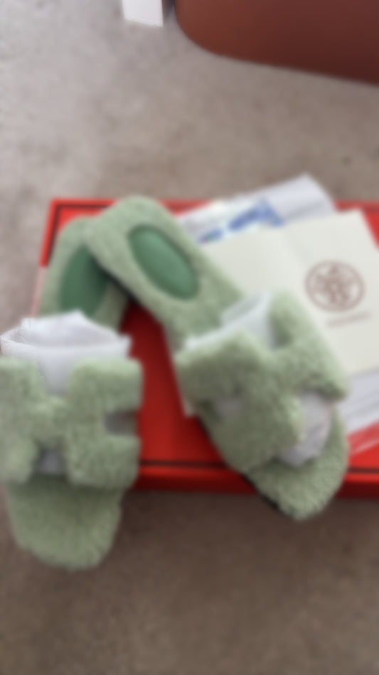 Sage green fluffy sliders size 5