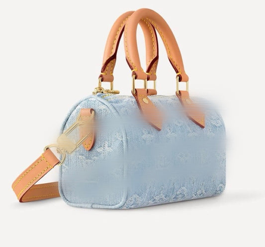Denim blue mini handbag with long strap