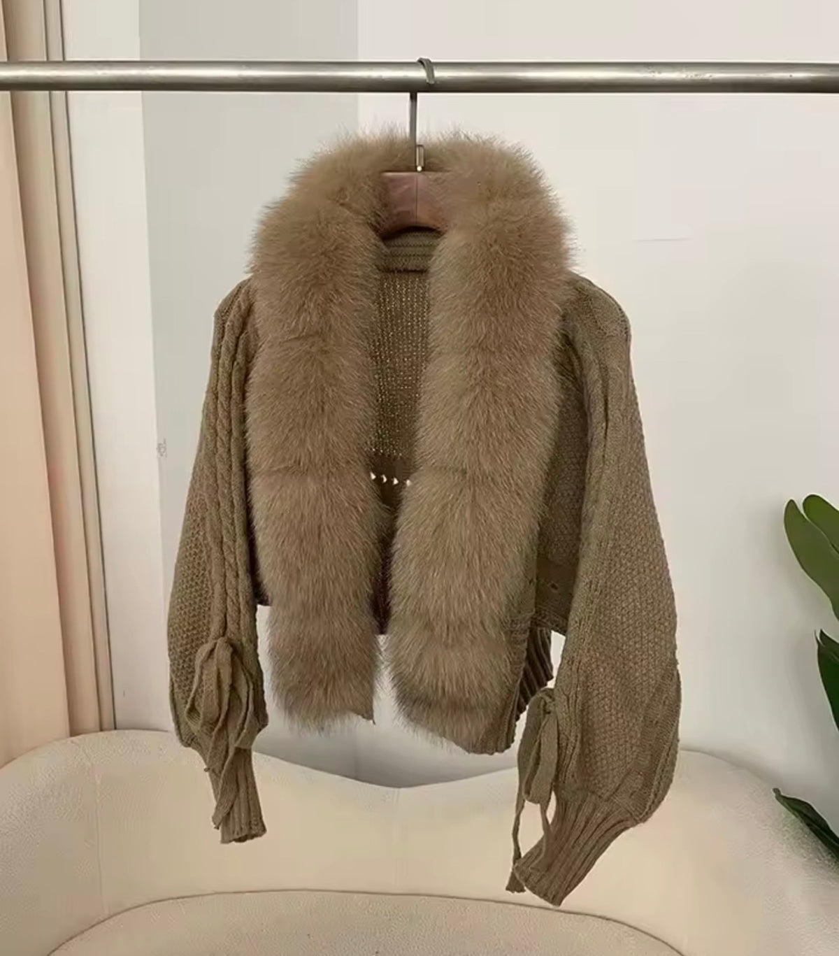 Khaki natural fur cardigan - one size 6-14 ladies - Ag