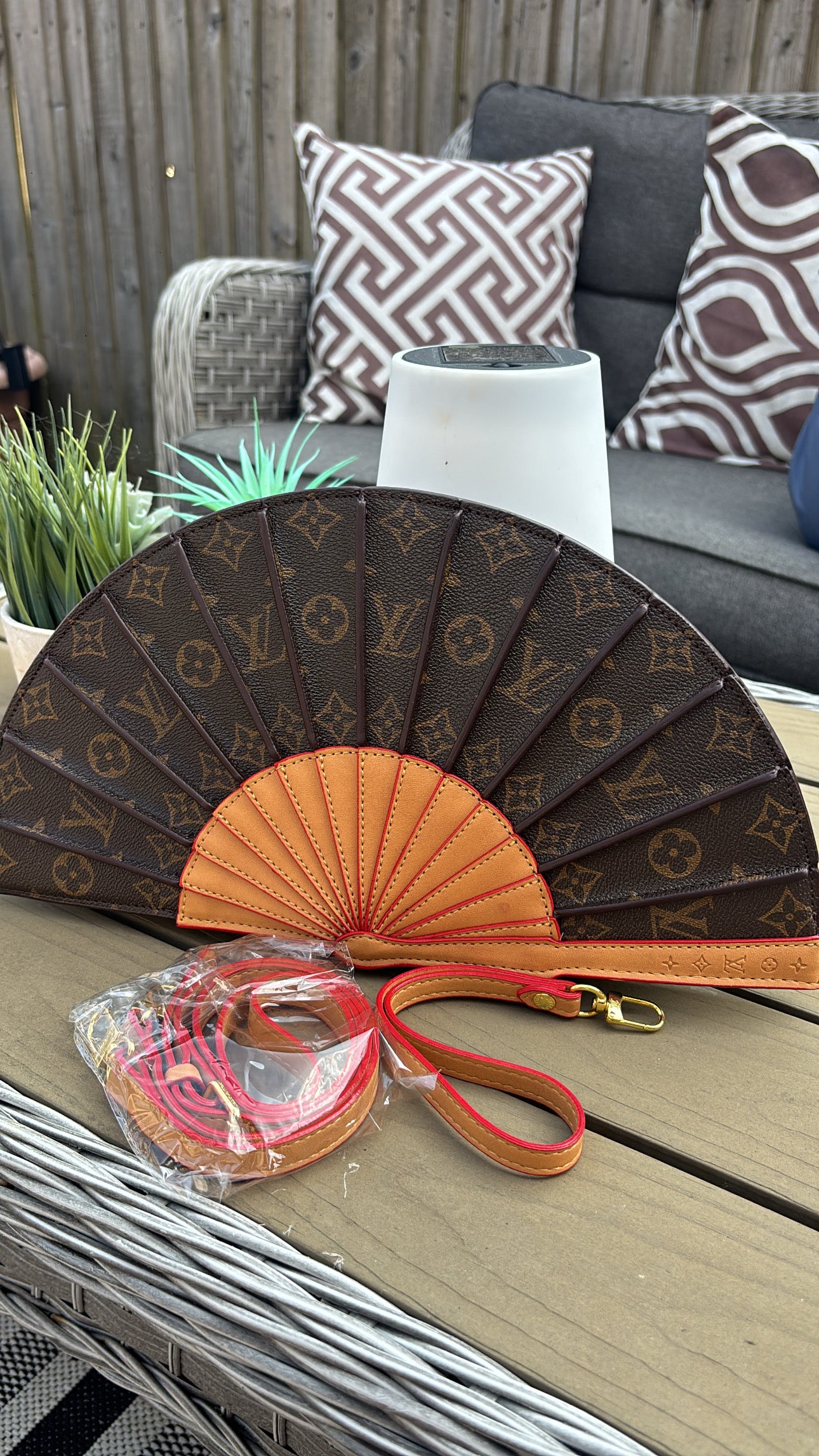 Brown flower fan bag comes with long strap -Rg
