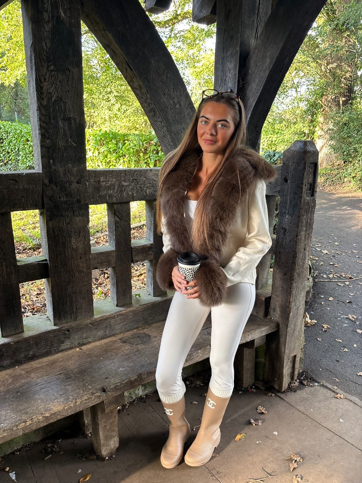 Real fur cream and brown fur carigan one size