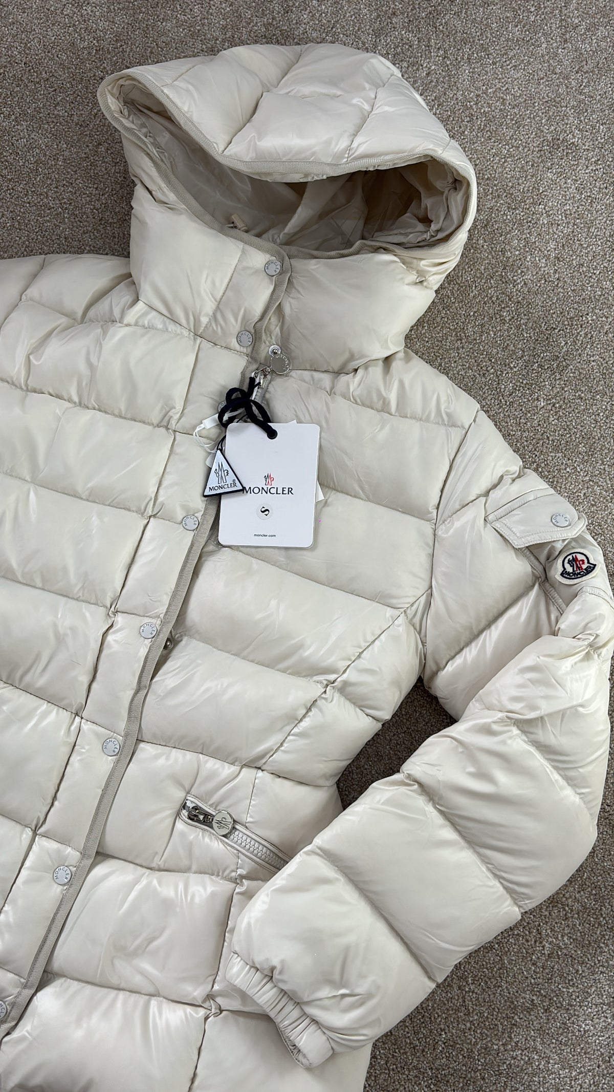 Beige coat with hood size small -Rg