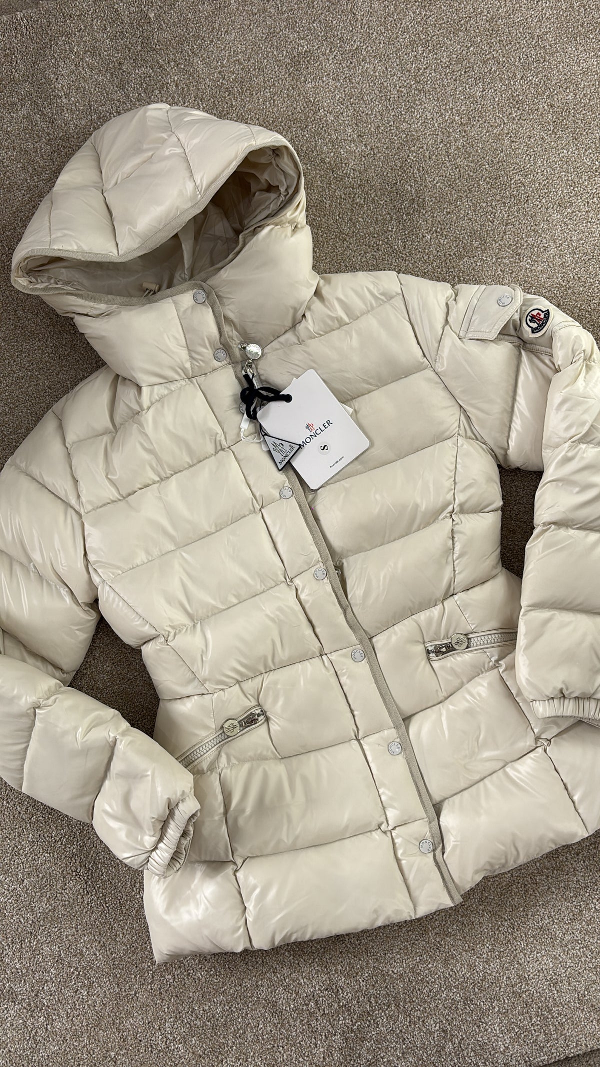 Beige coat with hood size small -Rg