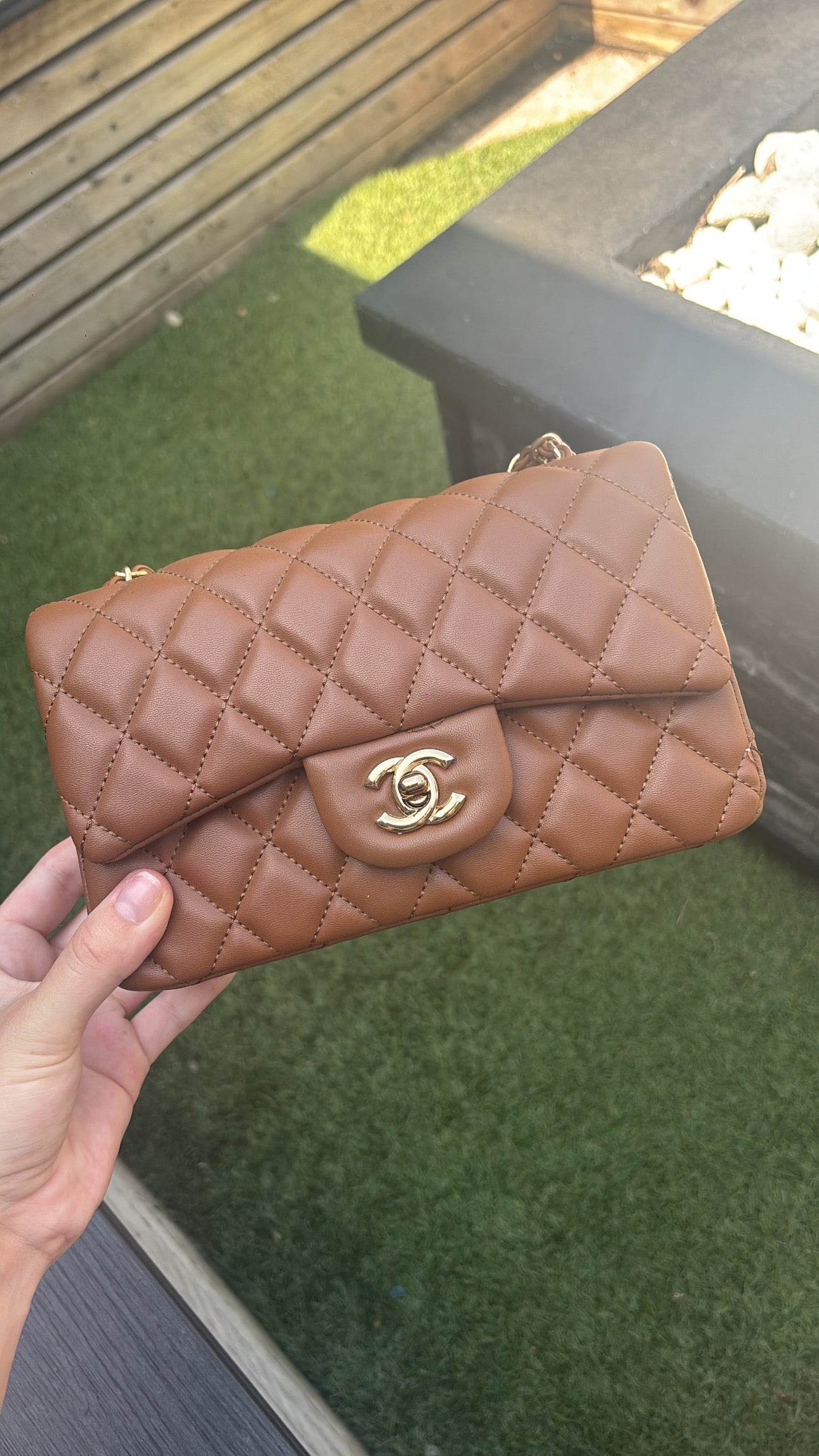 Brown and gold small c crossover bag -Rg