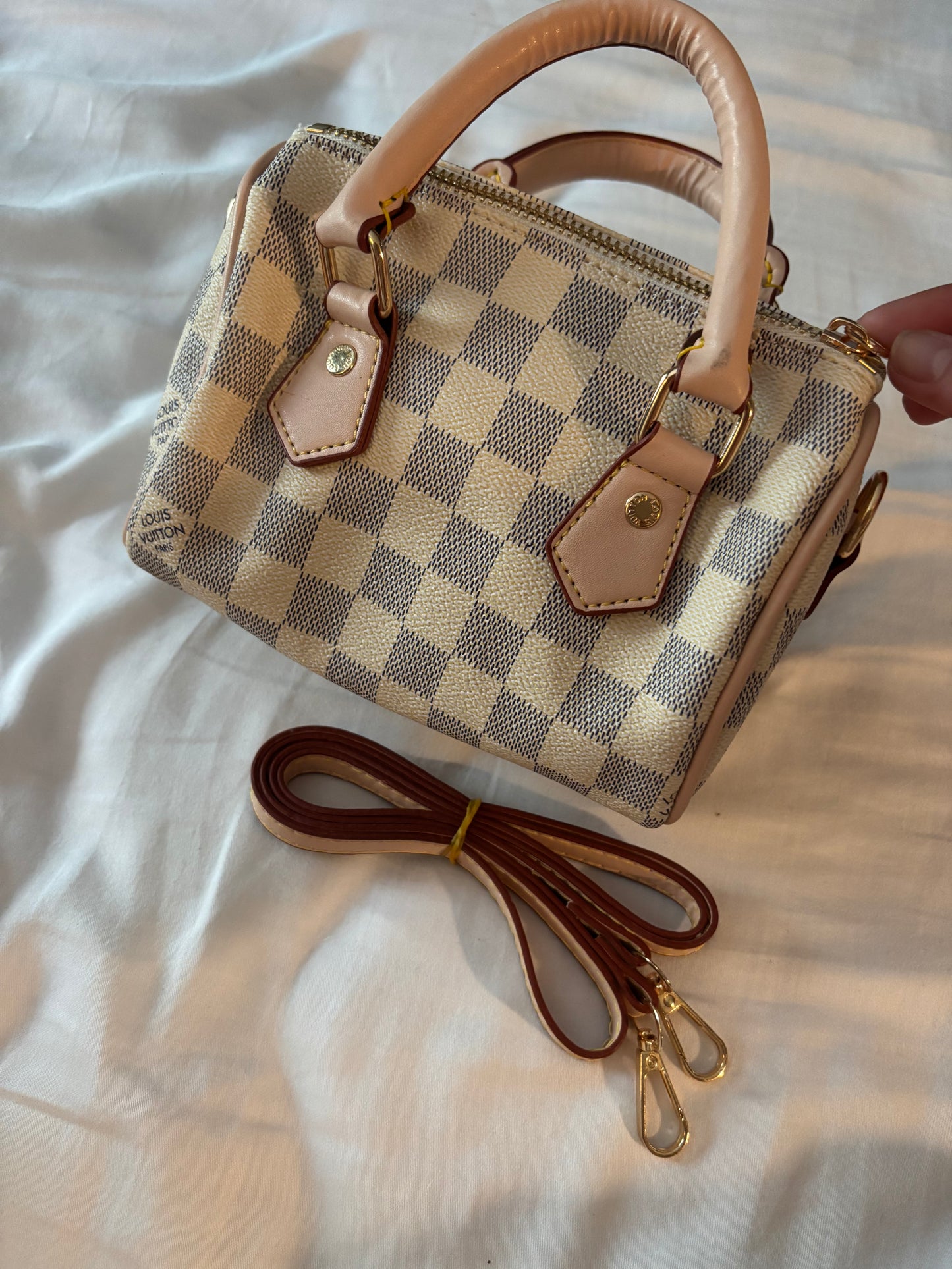 White grid mini handbag with long strap -Rg