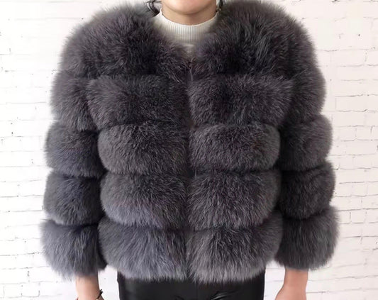 Dark grey real fur coat size 6/8