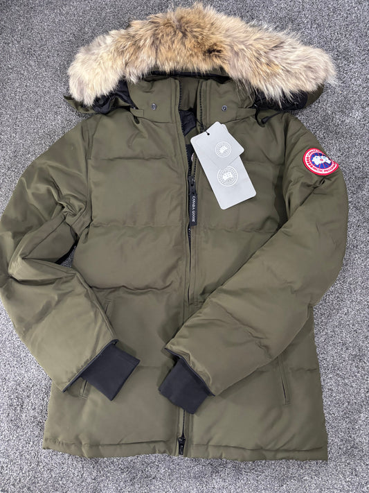 Khaki Canada coat size small with draw strings natural fur -Rg