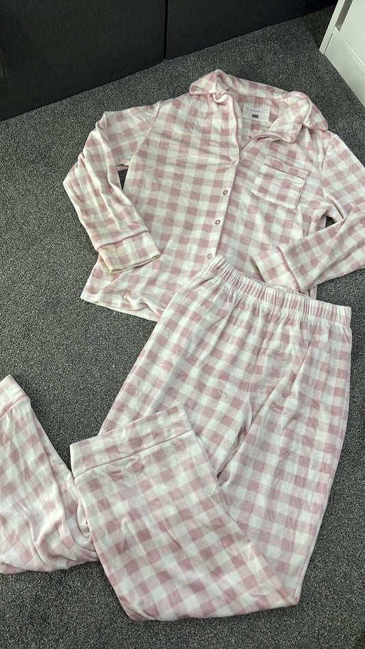 Pre loved pink checkered pjs top and trousers size XS -Rg