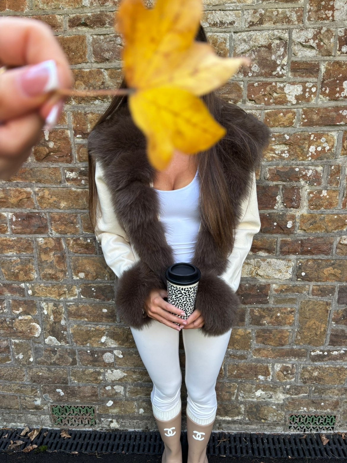 Real fur cream and brown fur carigan one size