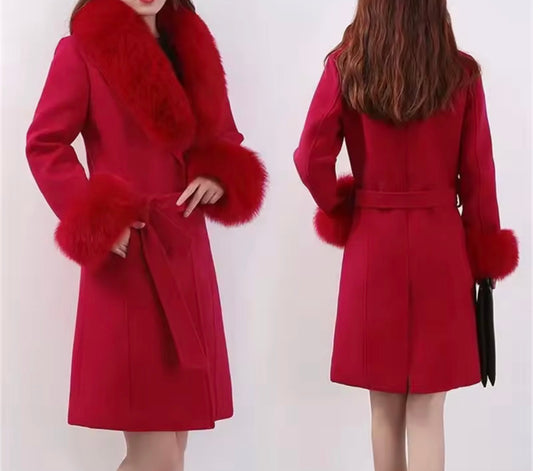 Red faux fur long coat with belt and gold buttons size small- Rg