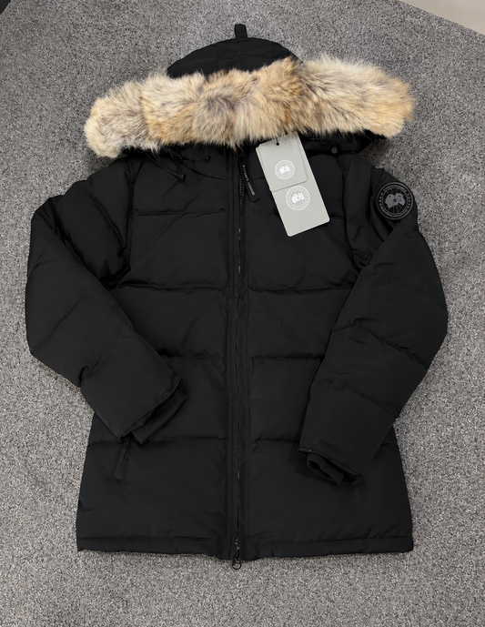 Black Canada coat with black badge size XS 6/8 uk sintch waist and natural fur -Rg