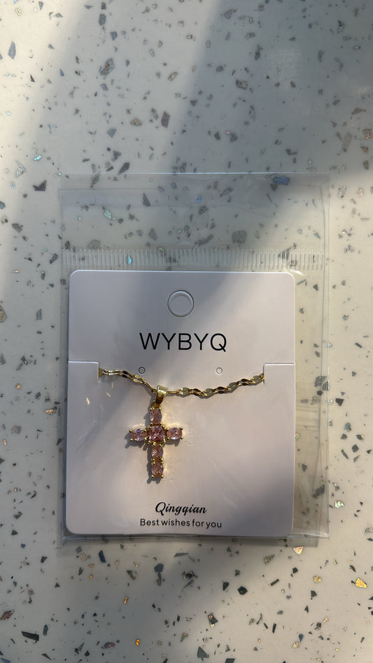 Gold & Pink cross necklace