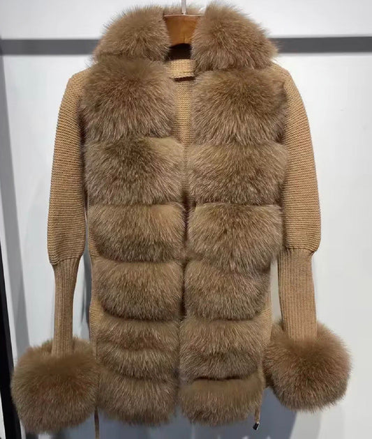 Beige real fur cardigan one-size