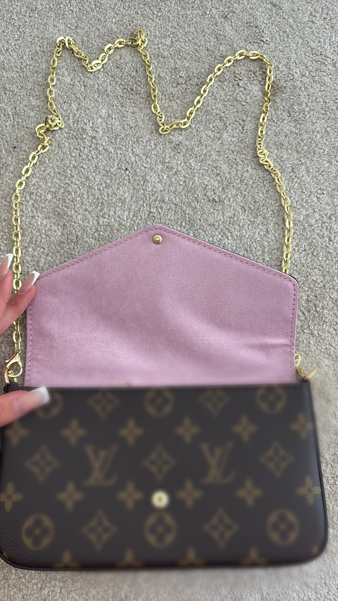 Brown and baby pink interior crossover bag