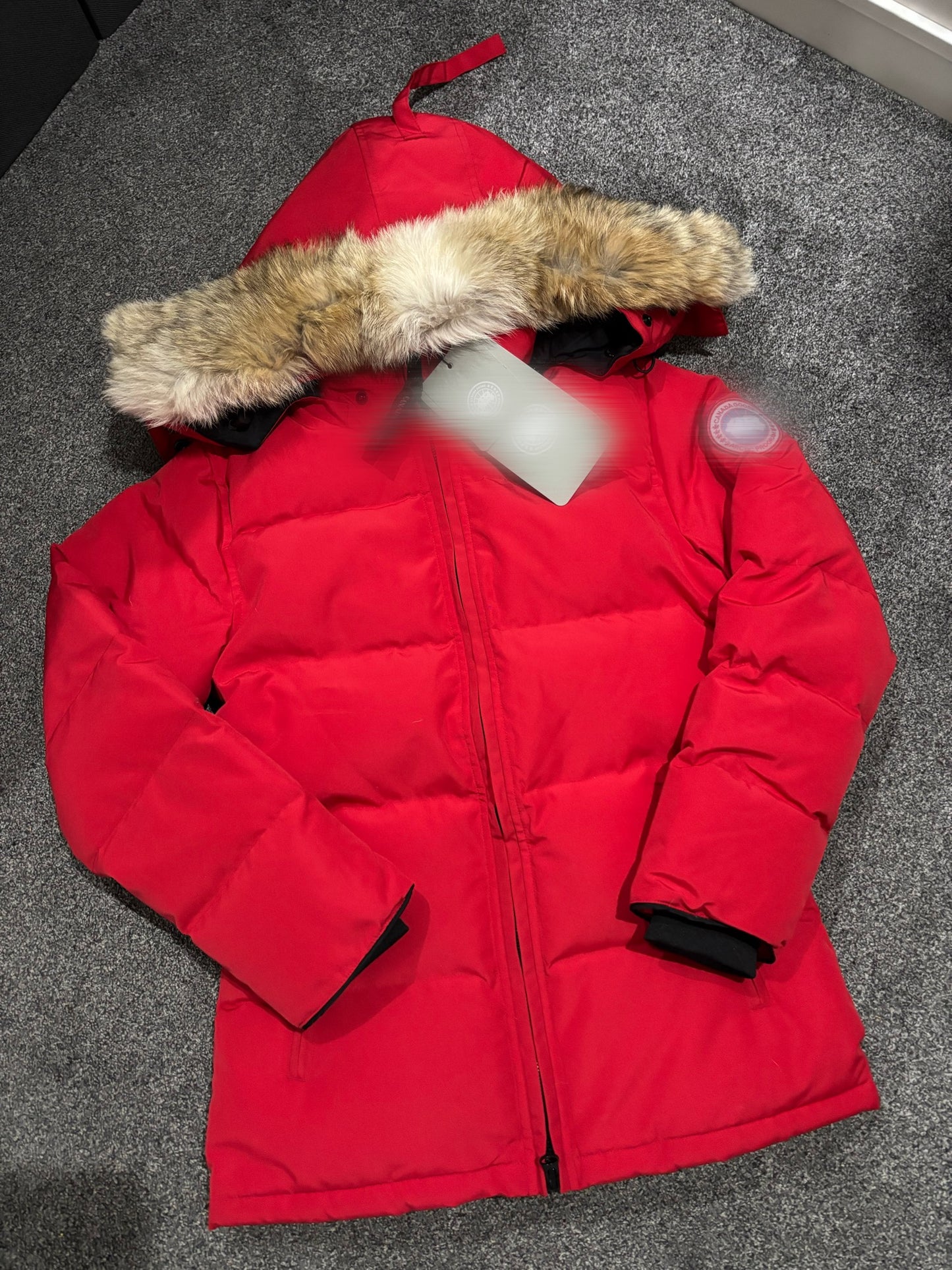 Red coat with natural fox fur size XS with draw strings -Rg