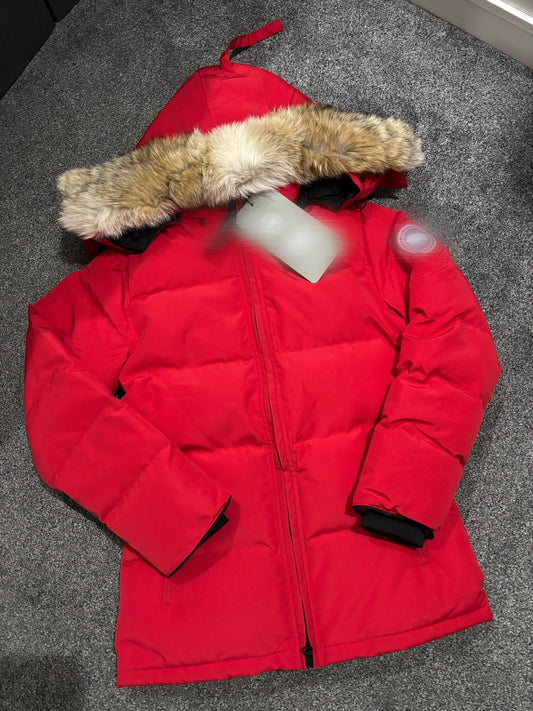 Red coat with natural fox fur size XS with draw strings -Rg