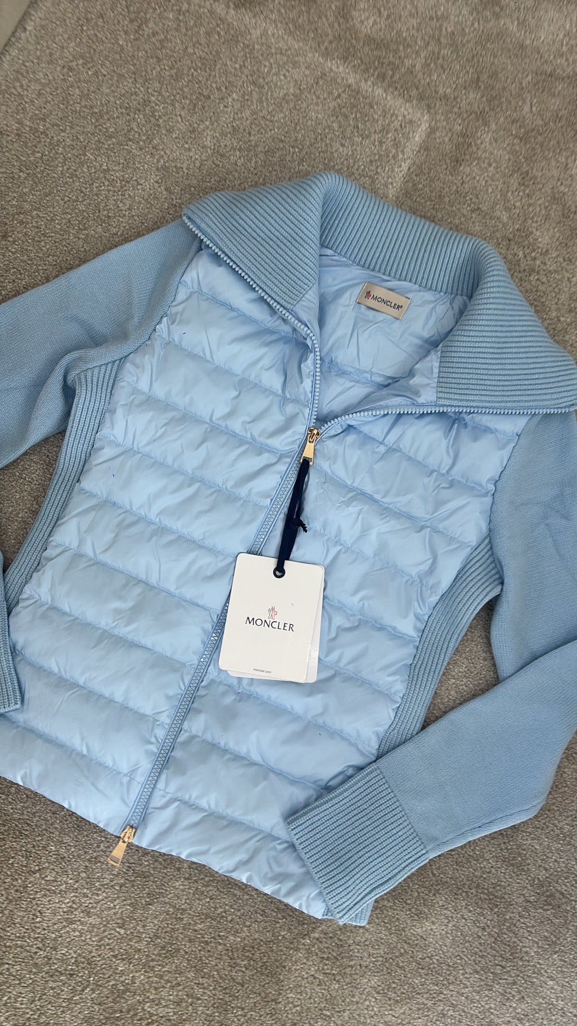 Baby blue and gold zip knit bodywarmer jacket size XS/S