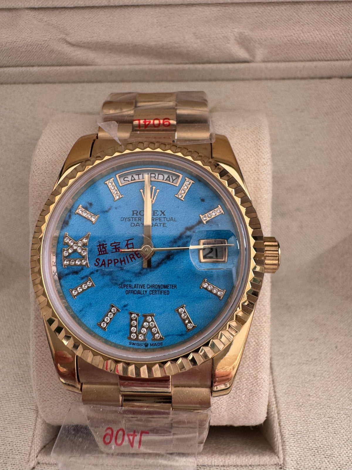 Gold watch with sapphire numbers ocean blue face - 36mm with box