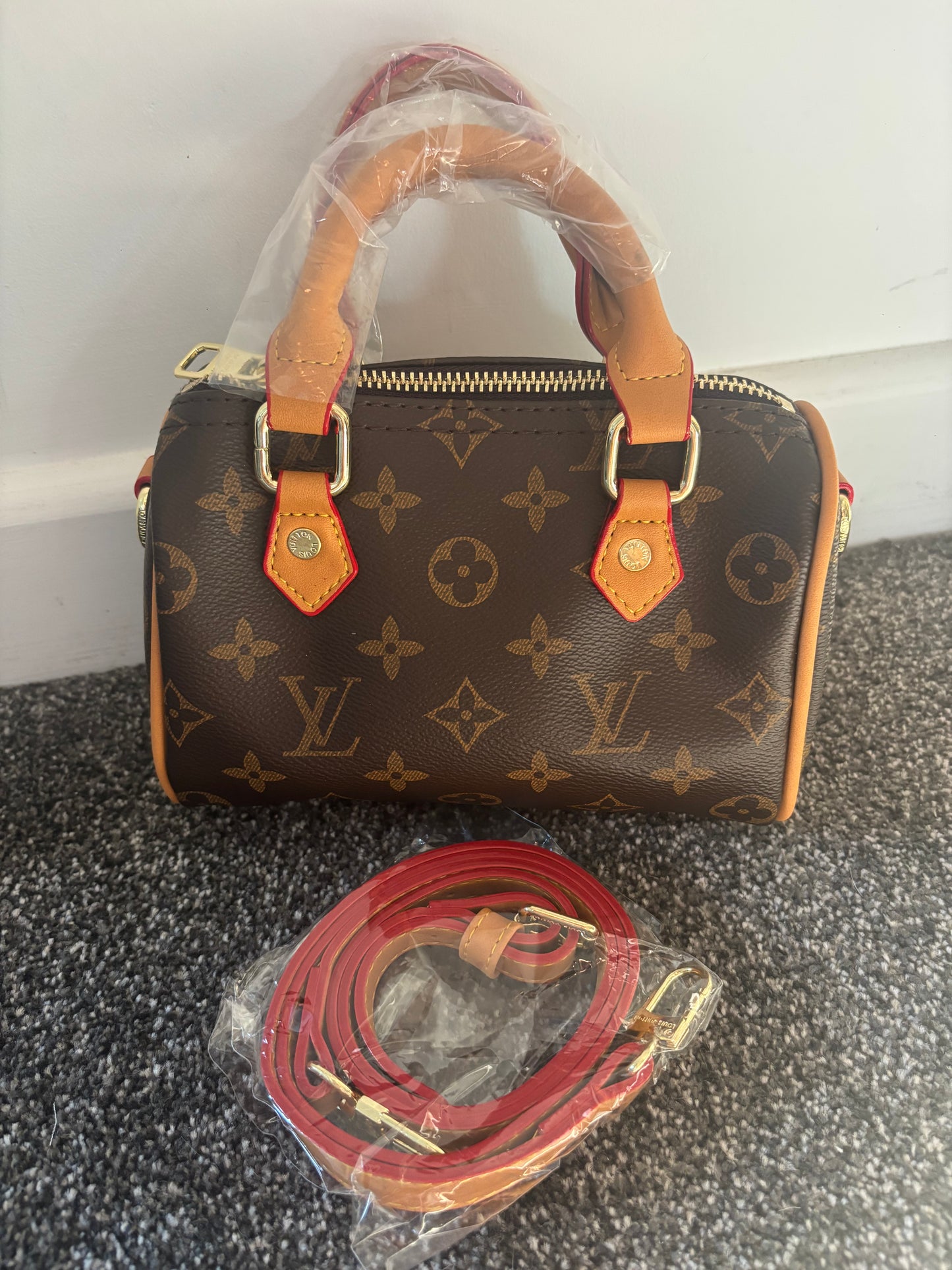 Brown flower mini handbag size 16cm | comes with long strap -Rg
