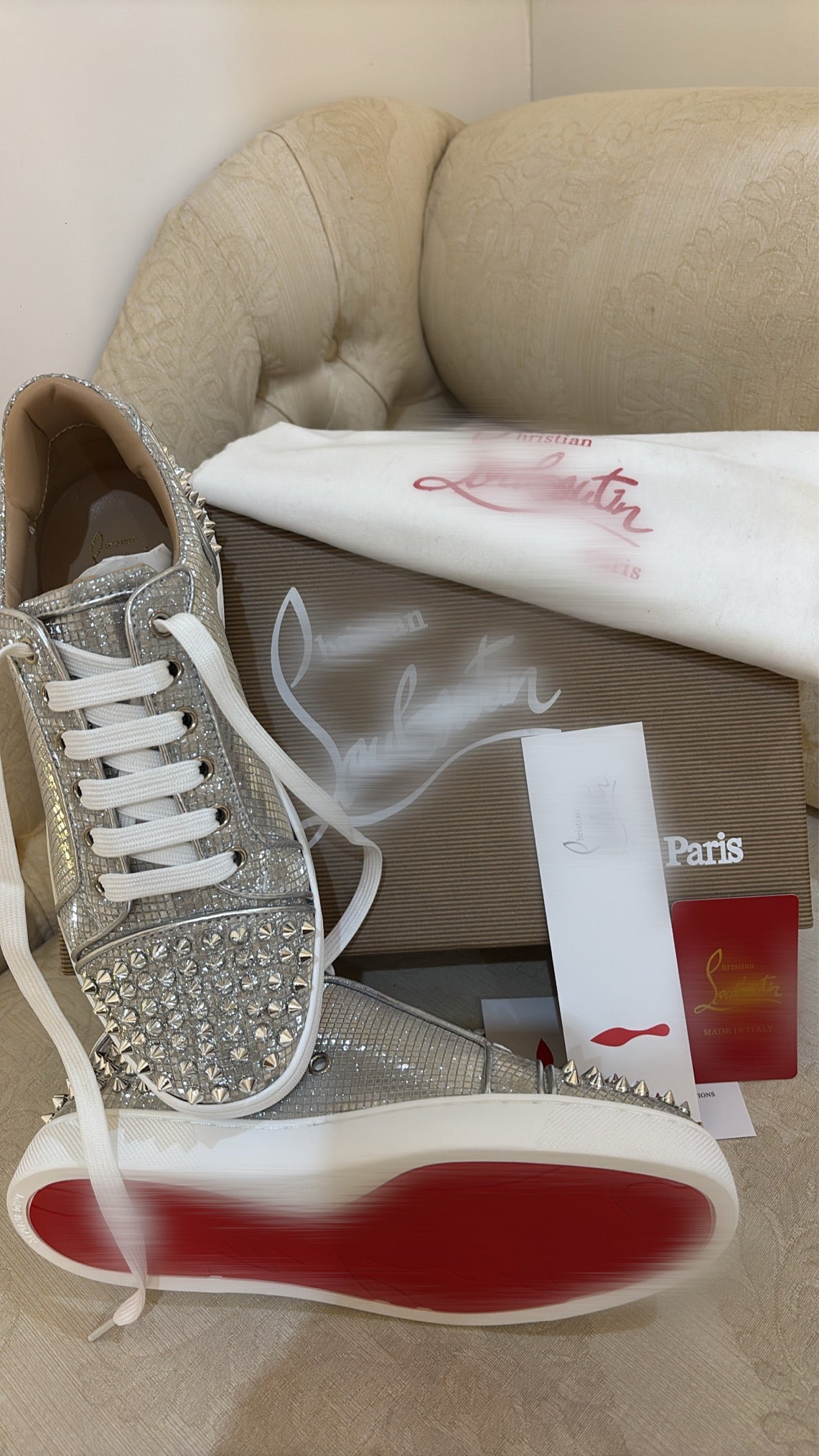 Silver spikes red bottom trainers size 5 comes with box -Rg