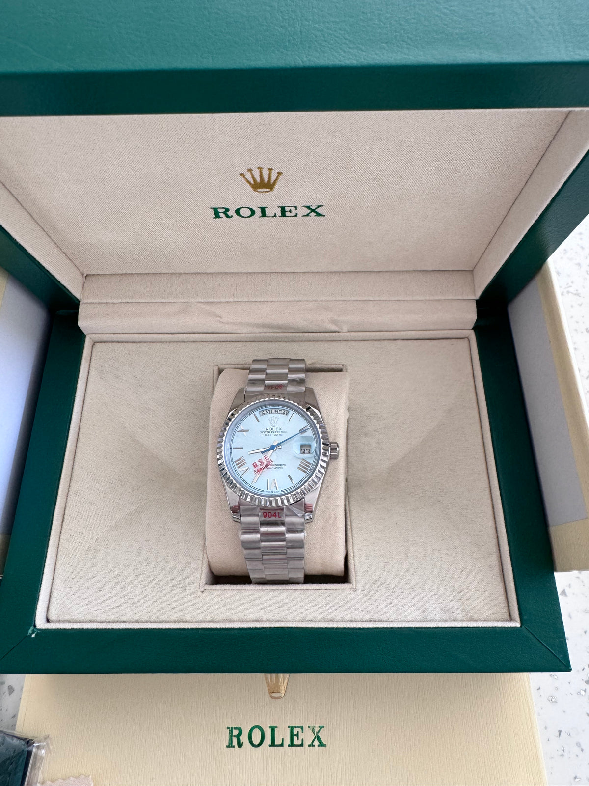 Silver automatic watch with blue face - 36mm with box