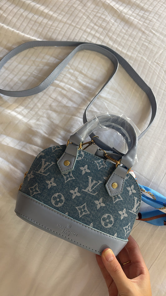 Blue flower mini handbag with long strap -Rg
