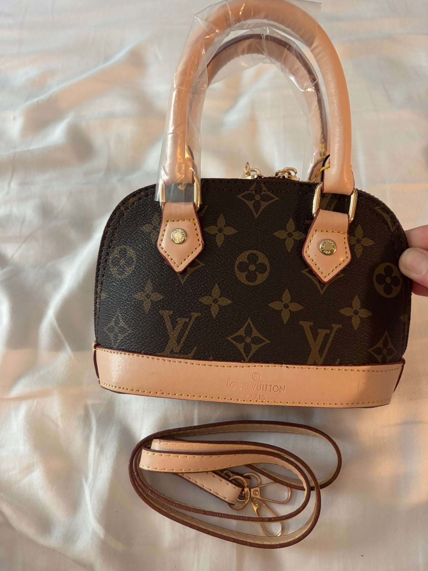 Mini brown flower light handbag with long strap -Rg