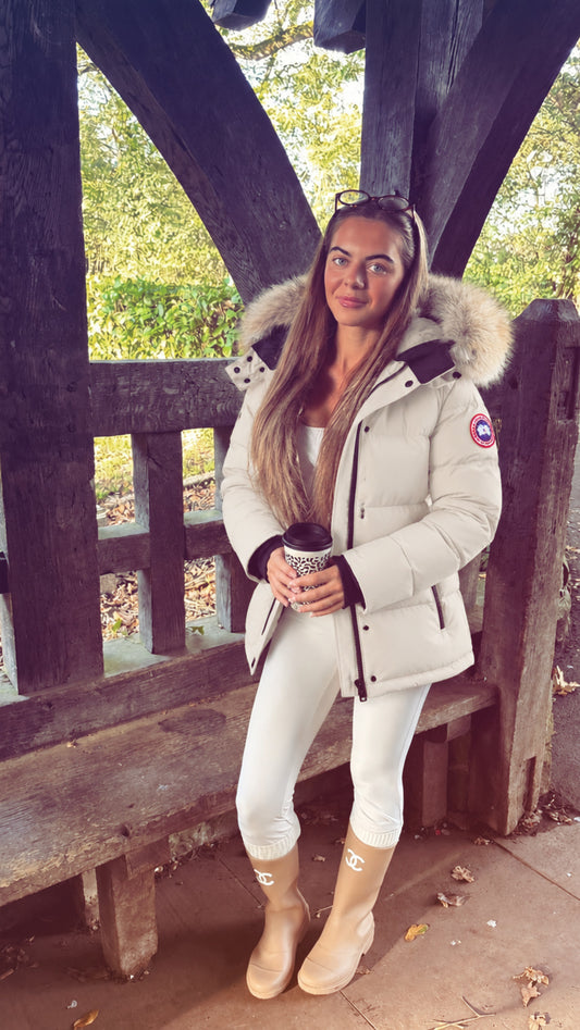 Beige Canada parka coat with natural fur hood and draw strings - AG