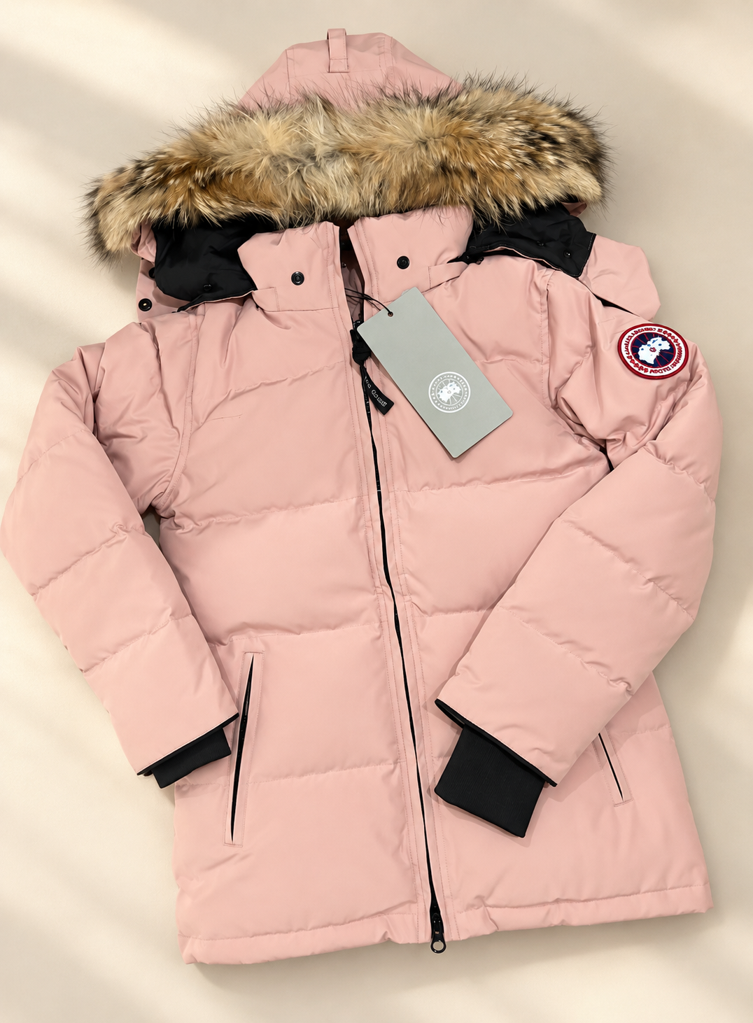 Pink Canada Coat with red badge - XS - natural fur and drawstrings - AG